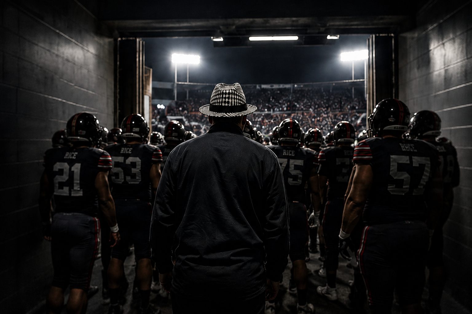 TURN 'EM coach leading the team out of the tunnel toward the stadium lights